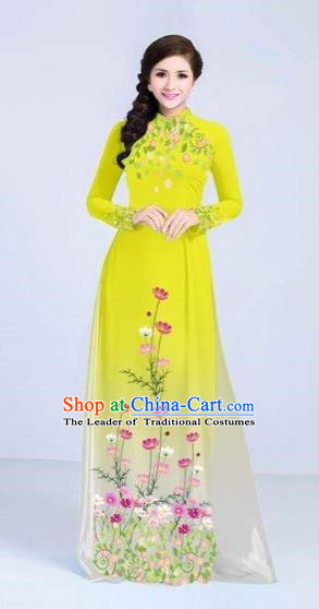 Traditional Top Grade Asian Vietnamese Costumes Classical Painting Flowers Cheongsam, Vietnam National Vietnamese Young Lady Yellow Ao Dai Dress