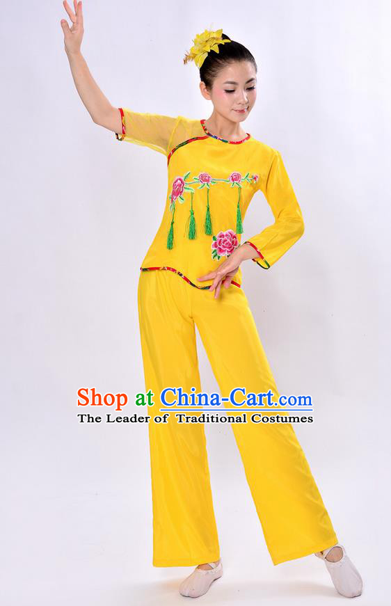 Traditional Chinese Classical Dance Yangge Fan Dancing Costume, Folk Dance Drum Dance Uniforms Yangko Yellow Clothing Set for Women