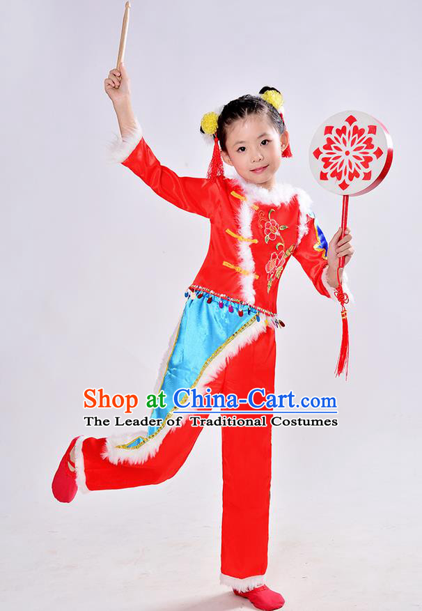 Traditional Chinese Classical Dance Yangge Fan Dance Costume, Children Folk Dance Drum Dance Uniform Yangko Red Dress Complete Set for Kids