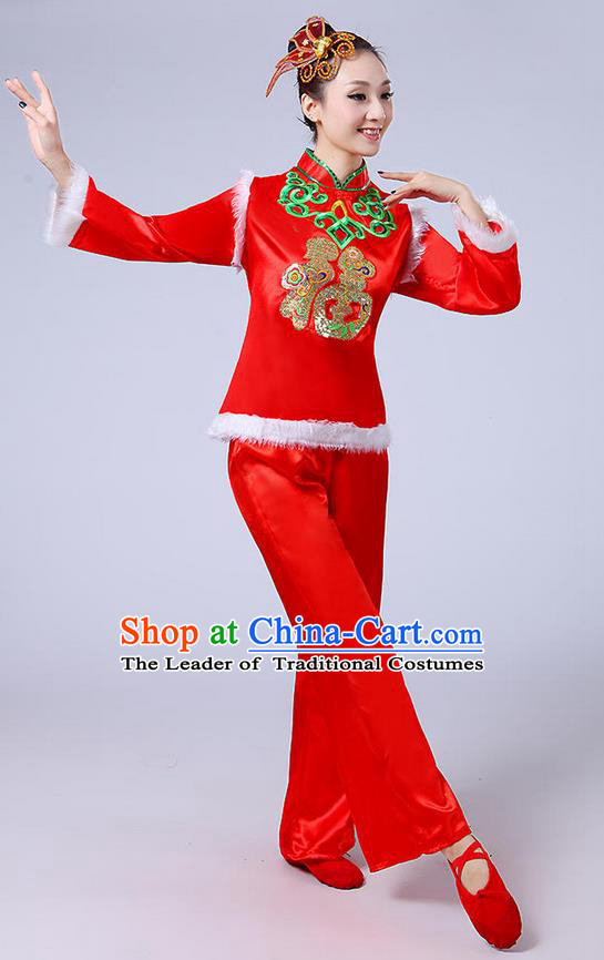 Traditional Chinese Classical Dance Yangge Fan Dancing Costume, Folk Dance Drum Dance Fur Uniforms Yangko Red Clothing for Women
