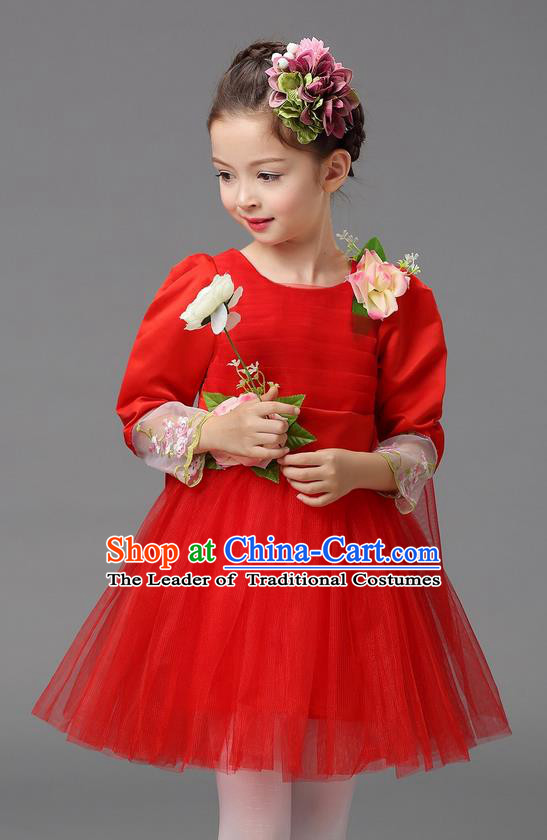 Top Grade Professional Performance Catwalks Costume, Children Chorus Compere Full Dress Modern Dance Little Princess Red Veil Bubble Dress for Girls Kids
