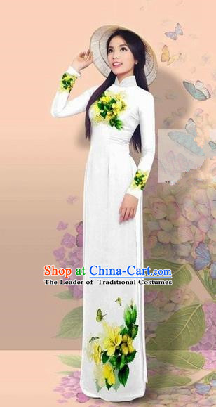 Traditional Top Grade Asian Vietnamese Costumes Classical 3D Printing Cheongsam, Vietnam National Vietnamese Young Lady Miss Etiquette White Ao Dai Dress
