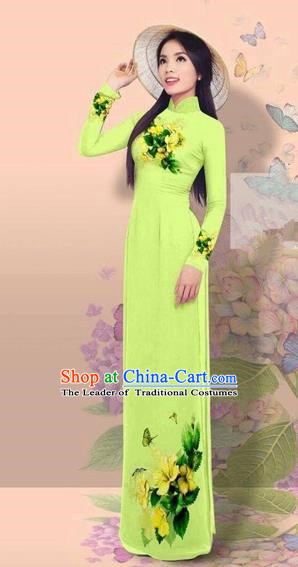 Traditional Top Grade Asian Vietnamese Costumes Classical 3D Printing Cheongsam, Vietnam National Vietnamese Young Lady Miss Etiquette Light Green Ao Dai Dress