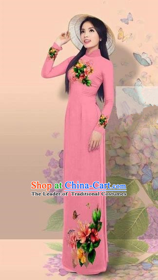 Traditional Top Grade Asian Vietnamese Costumes Classical 3D Printing Cheongsam, Vietnam National Vietnamese Young Lady Miss Etiquette Pink Ao Dai Dress