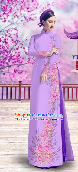 Traditional Top Grade Asian Vietnamese Costumes Classical Bride Printing Cheongsam, Vietnam National Vietnamese Princess Purple Ao Dai Dress
