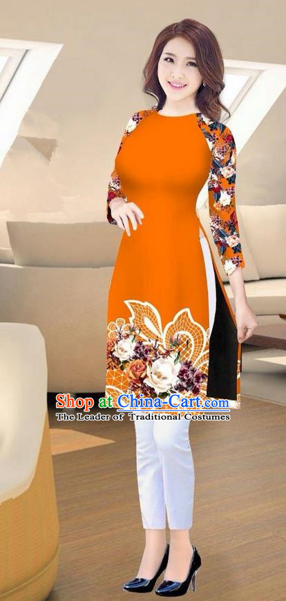 Traditional Top Grade Asian Vietnamese Costumes Classical Printing Orange Short Cheongsam, Vietnam National Vietnamese Ao Dai Dress for Women