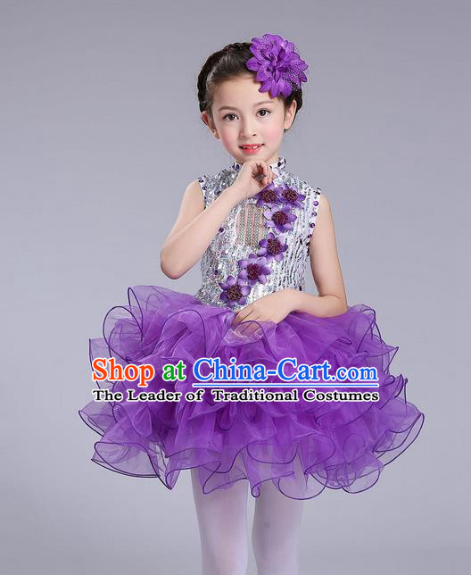 Top Grade Professional Compere Modern Dance Costume, Children Opening Dance Chorus Flowers Uniforms Princess Purple Bubble Dress for Girls