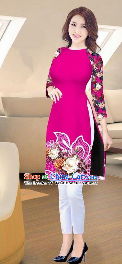 Traditional Top Grade Asian Vietnamese Costumes Classical Printing Rosy Short Cheongsam, Vietnam National Vietnamese Ao Dai Dress for Women
