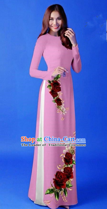 Traditional Top Grade Asian Vietnamese Costumes Classical 3D Printing Pink Long Cheongsam, Vietnam National Vietnamese Princess Ao Dai Dress for Women