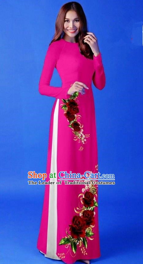 Traditional Top Grade Asian Vietnamese Costumes Classical 3D Printing Rosy Long Cheongsam, Vietnam National Vietnamese Princess Ao Dai Dress for Women