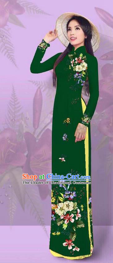 Top Grade Asian Vietnamese Costumes Classical Jing Nationality Printing Deep Green Cheongsam, Vietnam National Vietnamese Traditional Princess Ao Dai Dress for Women