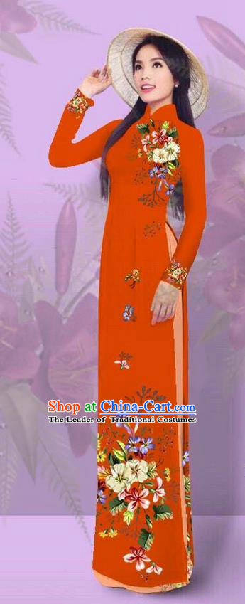 Top Grade Asian Vietnamese Costumes Classical Jing Nationality Printing Orange Cheongsam, Vietnam National Vietnamese Traditional Princess Ao Dai Dress for Women