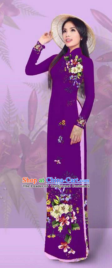 Top Grade Asian Vietnamese Costumes Classical Jing Nationality Printing Amaranth Cheongsam, Vietnam National Vietnamese Traditional Princess Ao Dai Dress for Women