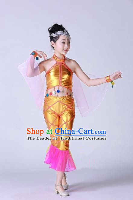 Top Grade Professional Compere Modern Dance Costume, Children Opening Dance Chorus Fish Dance Uniforms Golden Clothing Complete Set for Girls