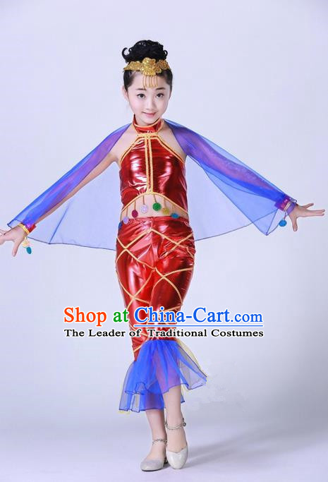 Top Grade Professional Compere Modern Dance Costume, Children Opening Dance Chorus Fish Dance Uniforms Red Clothing Complete Set for Girls