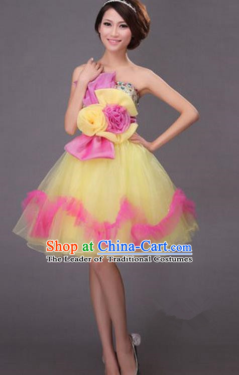 Top Grade Classic Stage Performance Chorus Singing Group Dance Costumes, Chorus Competition Costume, Compere Yellow Bubble Dress for Women