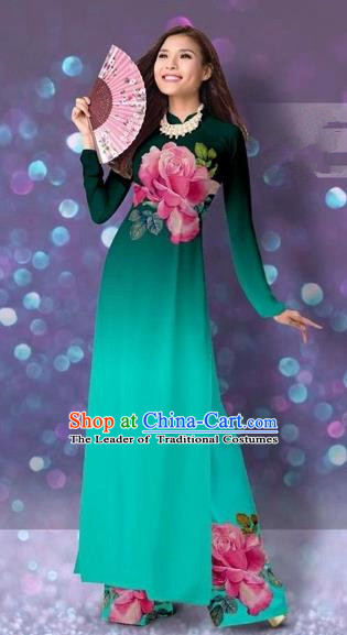 Traditional Top Grade Asian Vietnamese Costumes Classical Printing Cheongsam, Vietnam National Vietnamese Princess Green Ao Dai Dress Dance Clothing