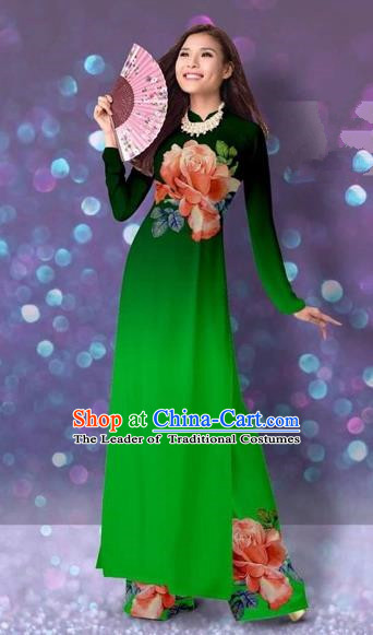 Traditional Top Grade Asian Vietnamese Costumes Classical Printing Cheongsam, Vietnam National Vietnamese Princess Deep Green Ao Dai Dress Dance Clothing