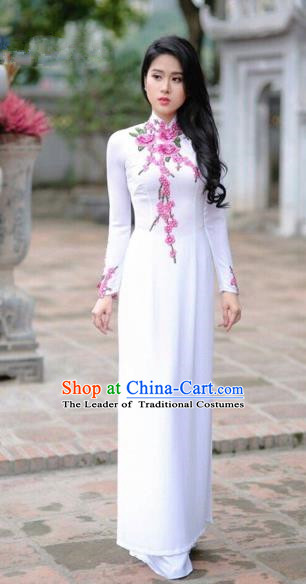 Traditional Top Grade Asian Vietnamese Costumes Classical Printing Cheongsam, Vietnam National Vietnamese Princess Bride White Ao Dai Dress Dance Clothing