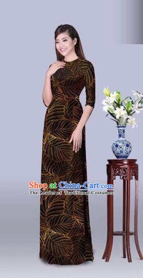 Traditional Top Grade Asian Vietnamese Costumes Classical Printing Leaf Cheongsam, Vietnam National Vietnamese Princess Bride Brown Ao Dai Dress Dance Clothing