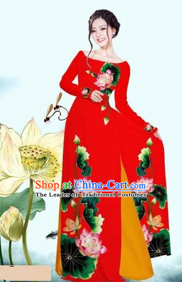 Traditional Top Grade Asian Vietnamese Costumes Classical Printing Lotus Red Cheongsam, Vietnam National Vietnamese Princess Bride Off Shoulder Ao Dai Dress