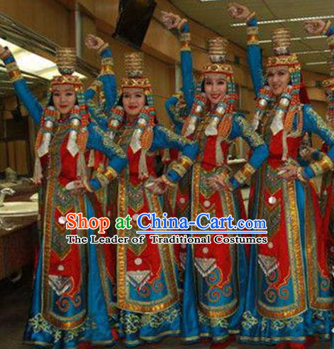 Traditional Chinese Mongol Nationality Dancing Costume, Mongols Female Folk Dance Ethnic Pleated Dress, Chinese Mongolian Minority Nationality Embroidery Clothing for Women