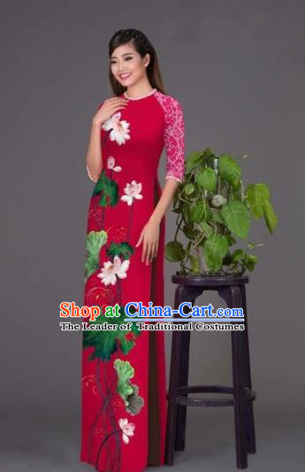 Traditional Top Grade Asian Vietnamese Costumes Classical Printing Lotus Wine Red Cheongsam, Vietnam National Vietnamese Princess Bride Korean Silk Ao Dai Dress