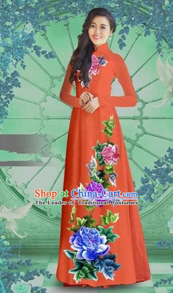 Traditional Top Grade Asian Vietnamese Costumes Classical Printing Orange Chiffon Cheongsam, Vietnam National Vietnamese Bride Ao Dai Dress