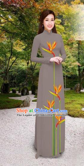 Traditional Top Grade Asian Vietnamese Costumes Classical Printing Long Cheongsam, Vietnam National Vietnamese Princess Bride Grey Ao Dai Dress