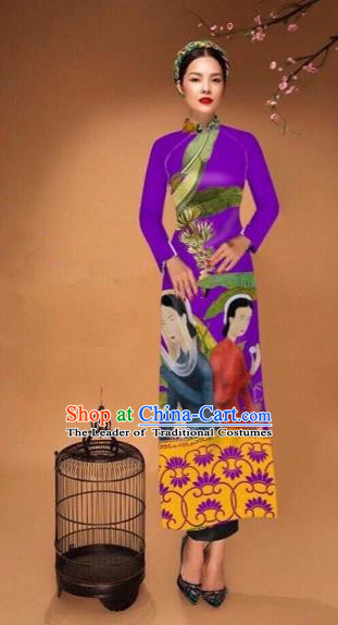 Traditional Top Grade Asian Vietnamese Costumes Classical Printing Cheongsam, Vietnam National Vietnamese Bride Purple Ao Dai Dress Tang Suit Clothing