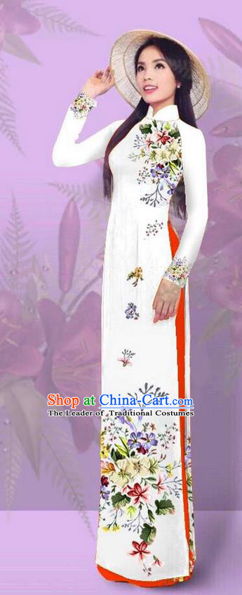 Top Grade Asian Vietnamese Costumes Classical Jing Nationality Printing White Cheongsam, Vietnam National Vietnamese Traditional Princess Ao Dai Dress for Women