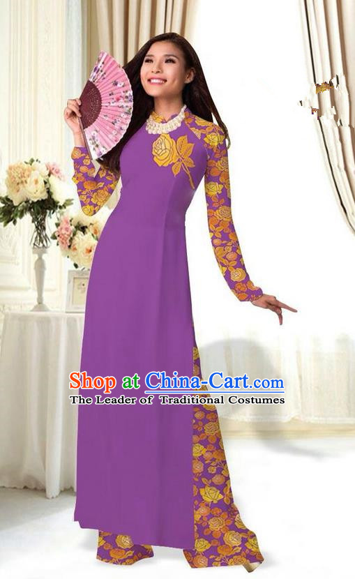 Top Grade Asian Vietnamese Costumes Classical Jing Nationality Printing Flower Purple Cheongsam, Vietnam National Vietnamese Traditional Princess Ao Dai Dress