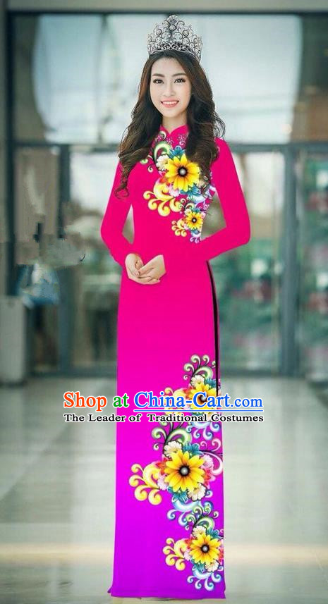 Top Grade Asian Vietnamese Costumes Classical Jing Nationality Printing Handmade Pink Cheongsam, Vietnam National Vietnamese Traditional Princess Ao Dai Dress