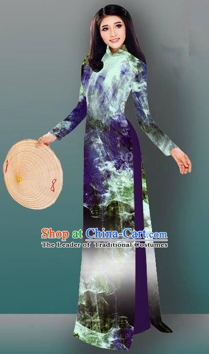 Top Grade Asian Vietnamese Costumes Classical Jing Nationality Gradient Watercolor Printing Blue Cheongsam, Vietnam National Vietnamese Traditional Princess Ao Dai Dress