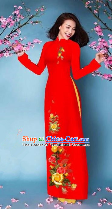 Top Grade Asian Vietnamese Costumes Classical Jing Nationality Printing Handmade Red Cheongsam, Vietnam National Vietnamese Bride Traditional Princess Ao Dai Dress