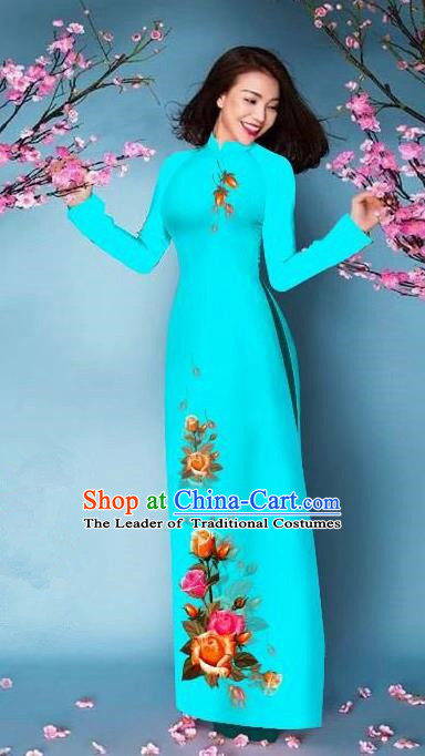 Top Grade Asian Vietnamese Costumes Classical Jing Nationality Printing Handmade Light Blue Cheongsam, Vietnam National Vietnamese Bride Traditional Princess Ao Dai Dress