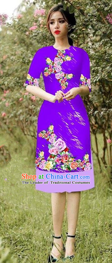 Top Grade Asian Vietnamese Costumes Classical Jing Nationality Short Cheongsam, Vietnam National Vietnamese Bride Traditional Princess Purple Ao Dai Dress