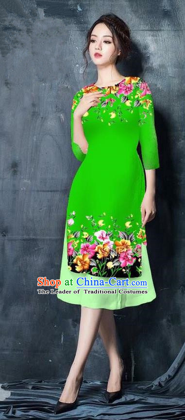 Top Grade Asian Vietnamese Costumes Classical Jing Nationality Short Printing Flowers Cheongsam, Vietnam National Vietnamese Bride Traditional Princess Green Ao Dai Dress
