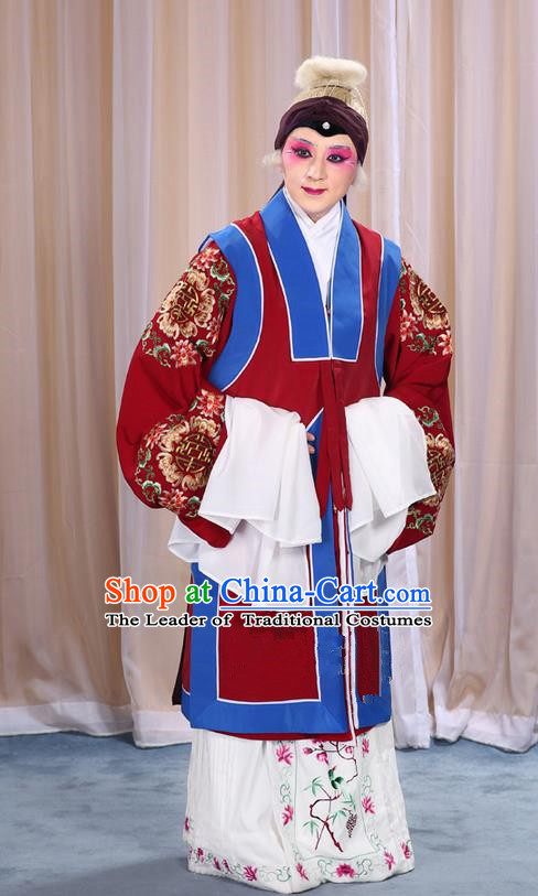 Traditional Chinese Beijing Opera Old Female Red Vest and Robes Complete Set, China Peking Opera Pantaloon Costume Embroidered Clothing Opera Costumes