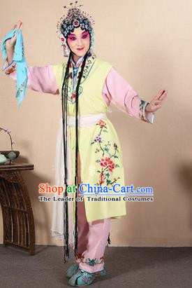 Traditional Chinese Beijing Opera Shaoxing Opera Young Female Yellow Vest Clothing Complete Set, China Peking Opera Diva Role Hua Tan Costume Embroidered Opera Costumes