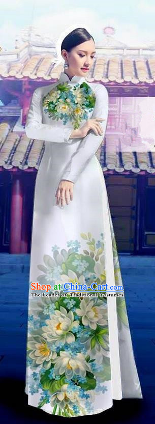 Top Grade Asian Vietnamese Costumes Classical Jing Nationality Long White Cheongsam, Vietnam National Clothing Vietnamese Bride Traditional Printing Flowers Ao Dai Dress