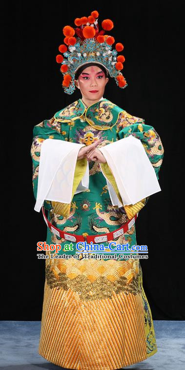 Traditional Chinese Beijing Opera Male Green Clothing and Belts Complete Set, China Peking Opera His Royal Highness Costume Embroidered Robe Dragon robe Opera Costumes