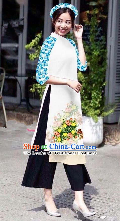 Traditional Top Grade Asian Vietnamese Jing Nationality Classical Ao Dai Dress, Vietnam National Bride Printing White Short Cheongsam Costumes for Women