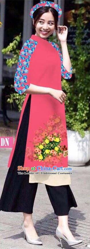 Traditional Top Grade Asian Vietnamese Jing Nationality Classical Ao Dai Dress, Vietnam National Bride Printing Pink Short Cheongsam Costumes for Women