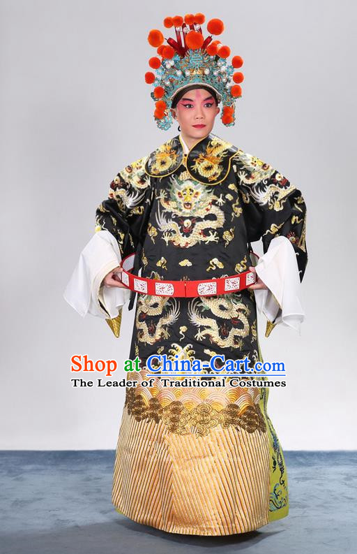 Traditional Chinese Beijing Opera Male Black Clothing and Belts Complete Set, China Peking Opera His Royal Highness Costume Embroidered Robe Dragon robe Opera Costumes