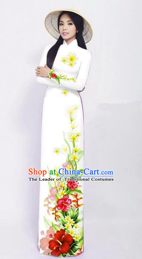 Traditional Top Grade Asian Vietnamese Jing Nationality Ha Festival Long Ao Dai Dress, Vietnam National Bride Printing White Cheongsam Costumes for Women