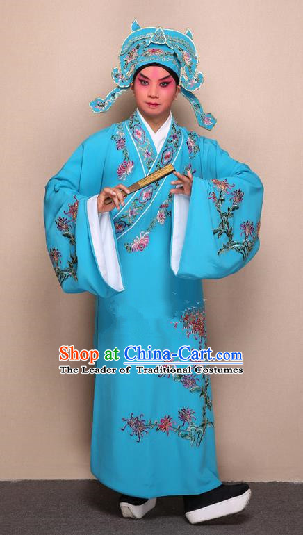 Traditional Chinese Beijing Opera Niche Blue Dress Clothing Complete Set, China Peking Opera Young Man Costume Embroidered Chrysanthemum Robe Opera Costumes