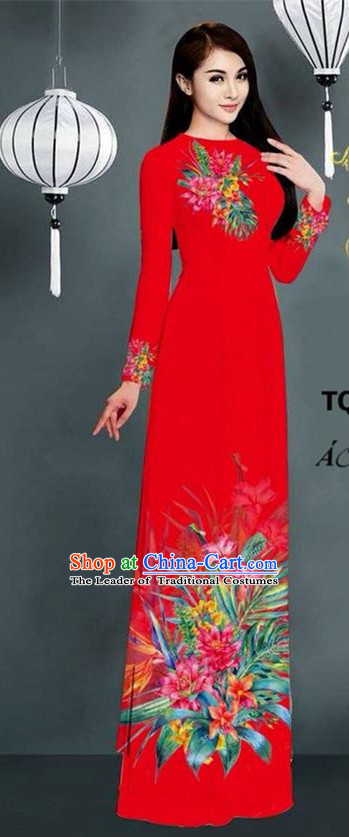 Traditional Top Grade Asian Vietnamese Ha Festival Printing Model Ao Dai Dress, Vietnam National Jing Nationality Red Cheongsam Costumes for Women