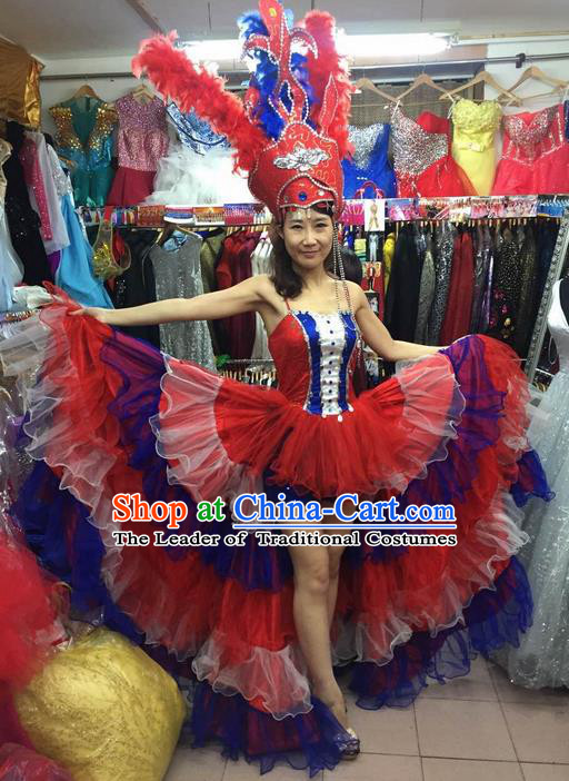 Top Grade Compere Professional Compere Costume, Chorus Dress Modern Opening Dance Big Swing Red Dress for Women