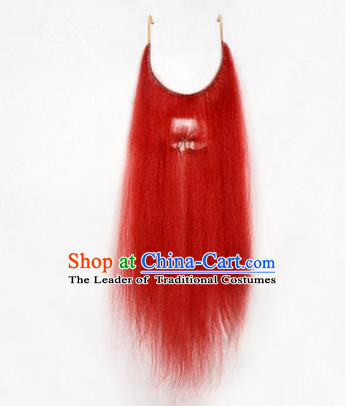 Chinese Ancient Opera Old Men Red Long Wig Beard Whiskers, Traditional Chinese Beijing Opera Props False Beard Laosheng-role Mustache